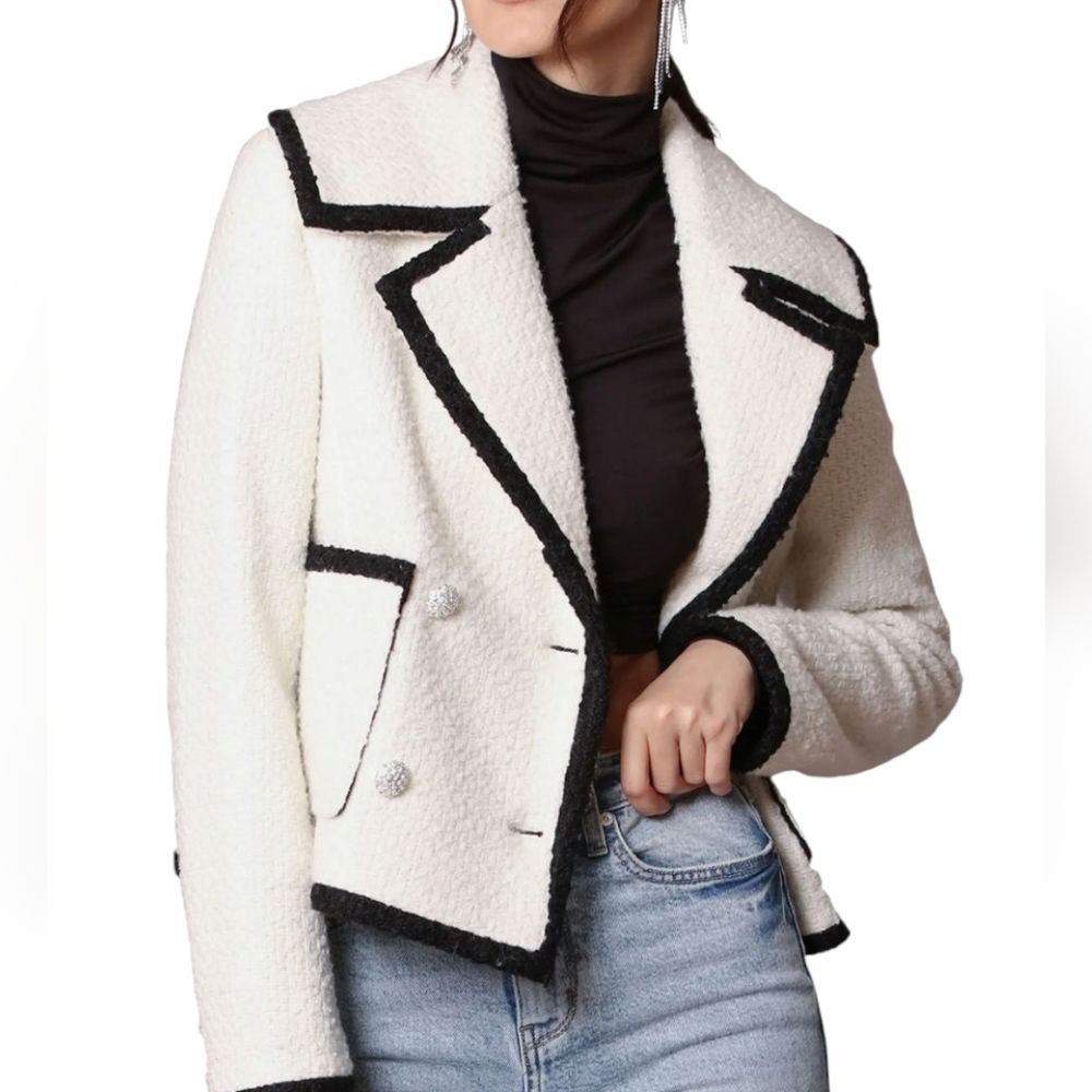 Avec Les Filles Black and White Blazer Tweed Double Breasted Tipped Jacket. M - Picture 8 of 16